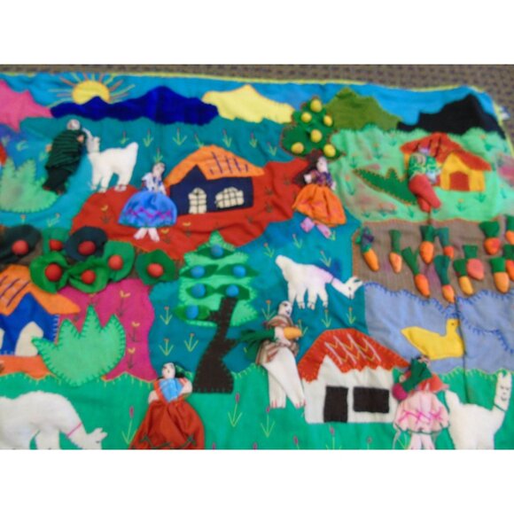 '71 Peruvian Mercado Market Tapestry Handcraft Appliqué Folk Art Peru Arpillera - Picture 7 of 10